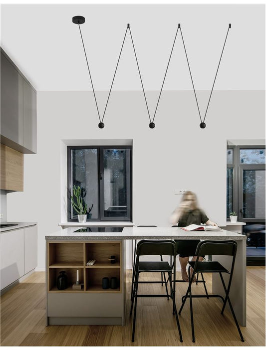 NOC Black Aluminium & Fabric Wire 3 Lamp Linear Pendant - ID 9958
