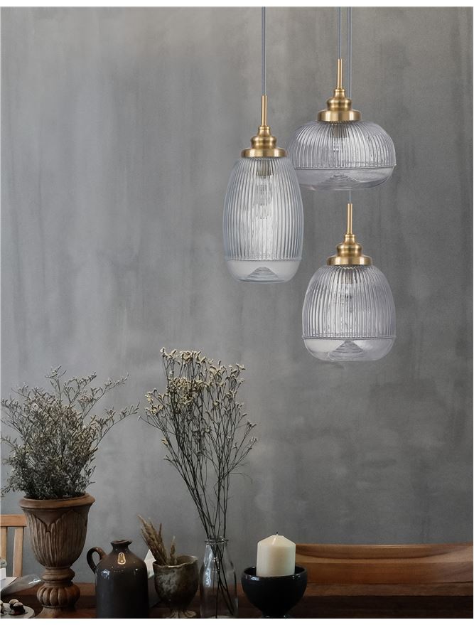 MON Clear Lined Enclosed Glass & Gold Metal 3 Light Multi Pendant - ID 10027