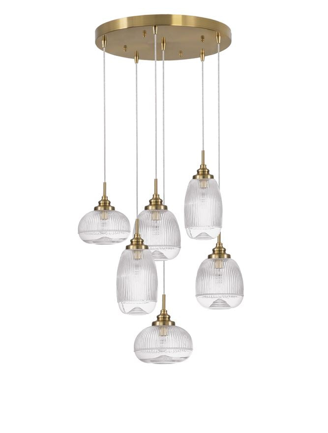 MON Clear Lined Enclosed Glass & Gold Metal 6 Light Multi Pendant - ID 10029