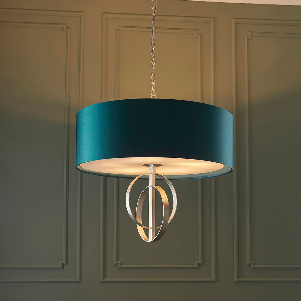 Hoop Detail Large Five Light Pendant In Silver Leaf With Teal Satin Fabric - ID 11175