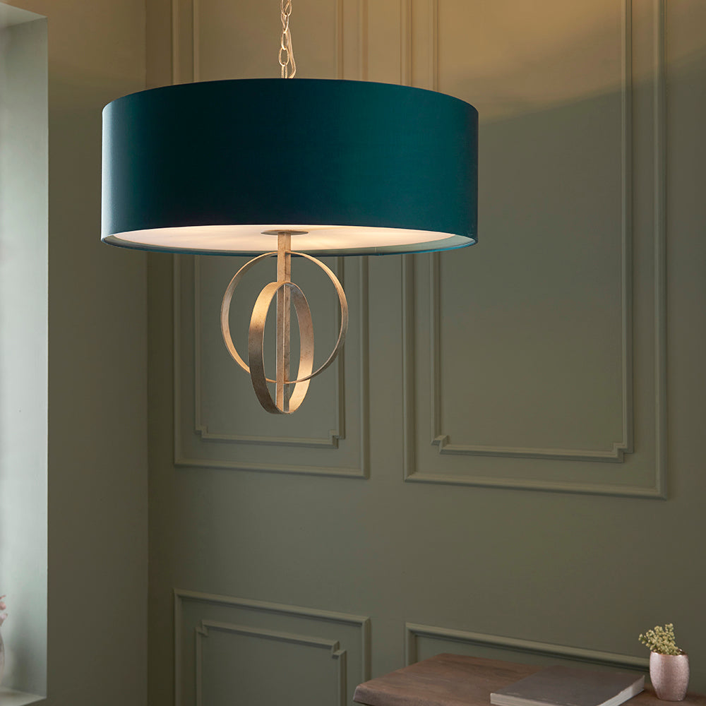 Hoop Detail Large Five Light Pendant In Silver Leaf With Teal Satin Fabric - ID 11175
