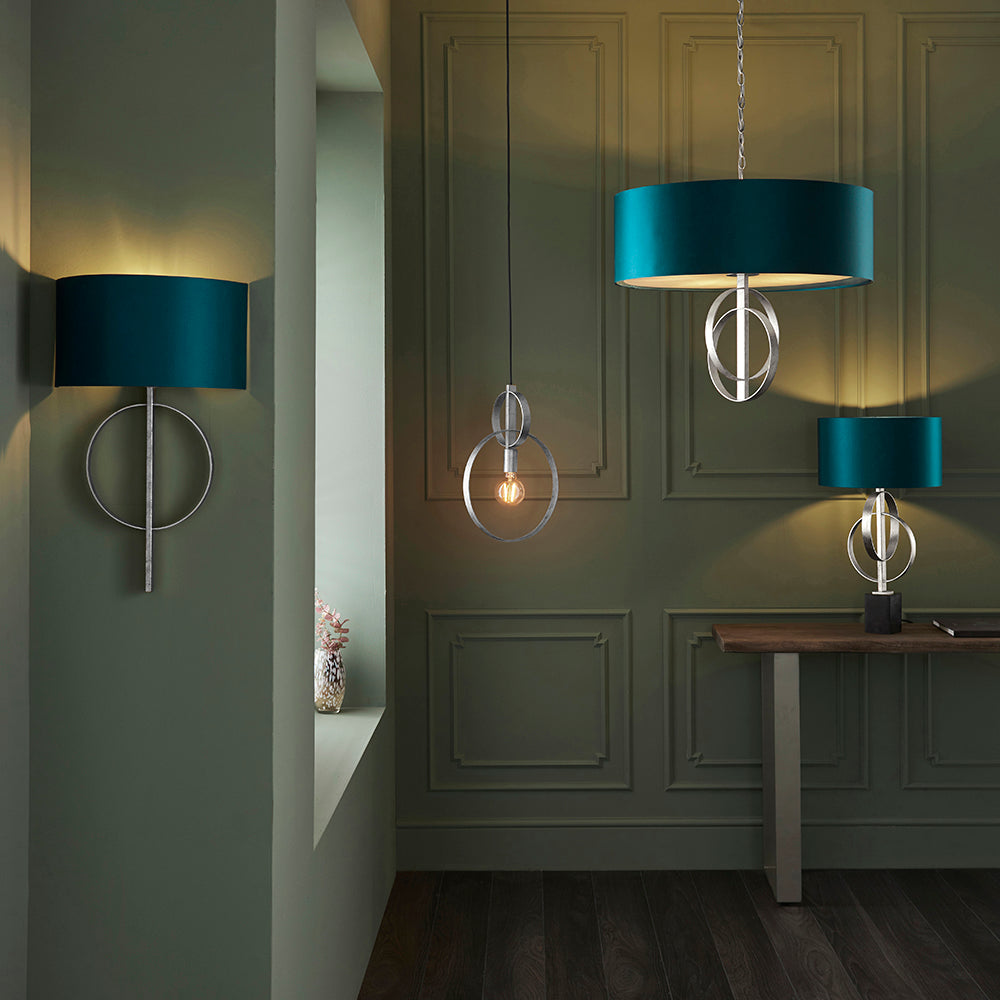 Hoop Detail Large Five Light Pendant In Silver Leaf With Teal Satin Fabric - ID 11175