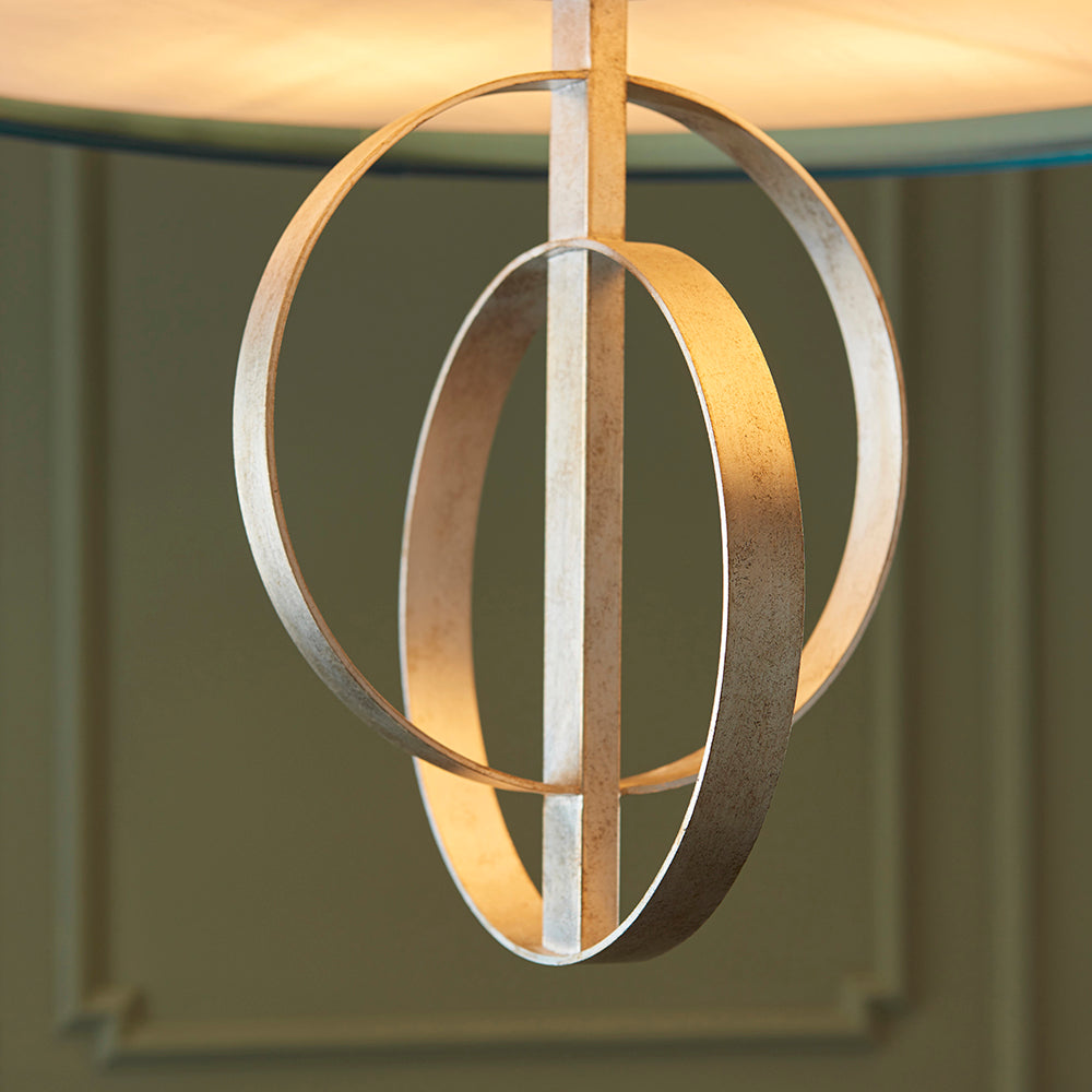 Hoop Detail Large Five Light Pendant In Silver Leaf With Teal Satin Fabric - ID 11175