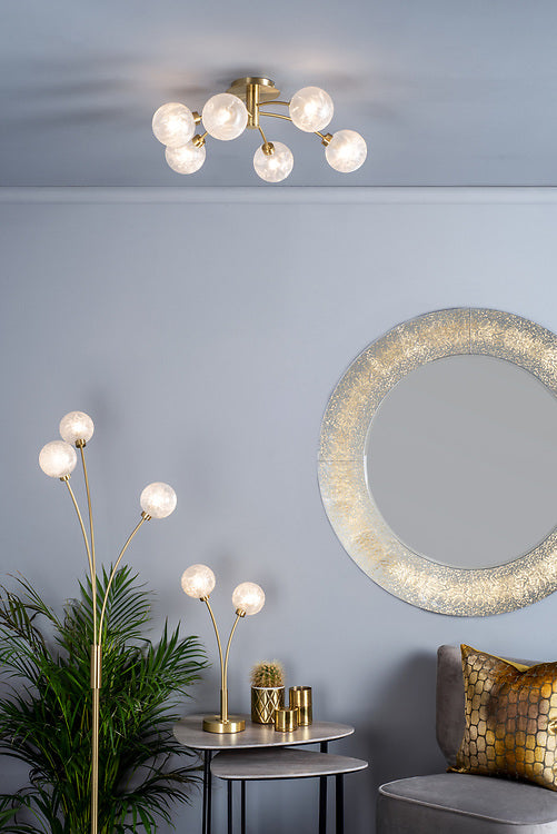 AVA Satin Brass & Ornate Frosted Glass Six Lamp Semi-Flush Ceiling Light - ID 10826