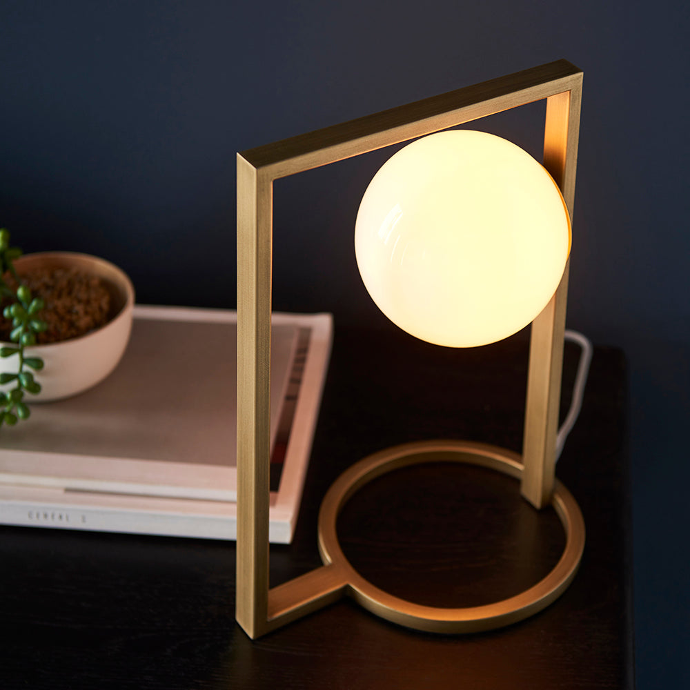 Geometric Brushed Gold & Opal Glass Table Lamp - ID 11115