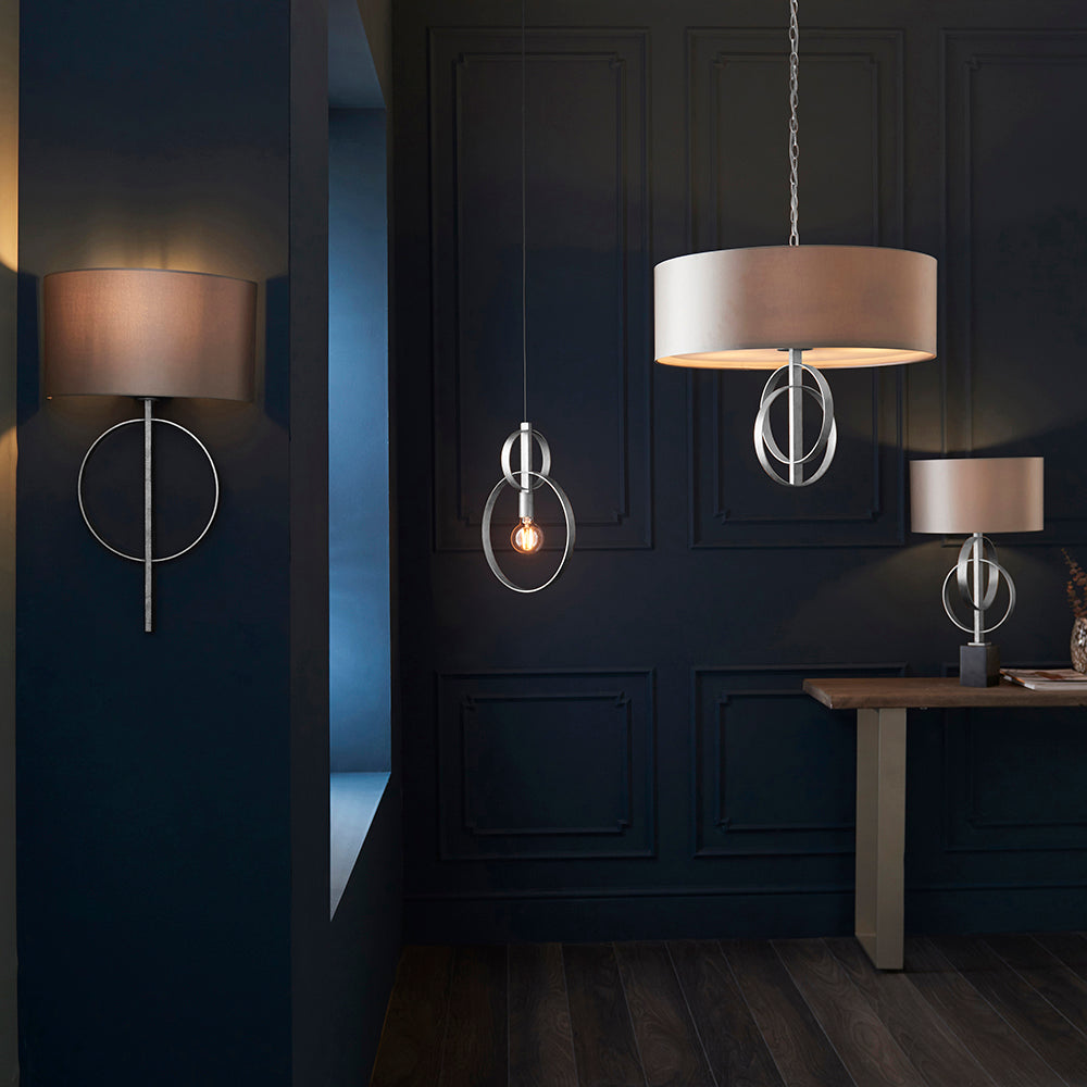 Hoop Detail Wall Light In Silver Leaf With Mink Satin Fabric - ID 11174