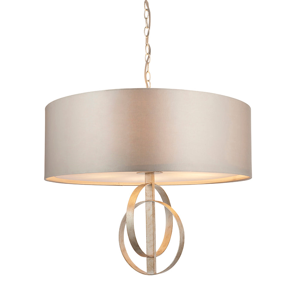 Hoop Detail Large Five Light Pendant In Silver Leaf With Mink Satin Fabric - ID 11170