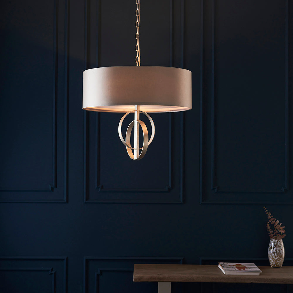 Hoop Detail Large Five Light Pendant In Silver Leaf With Mink Satin Fabric - ID 11170