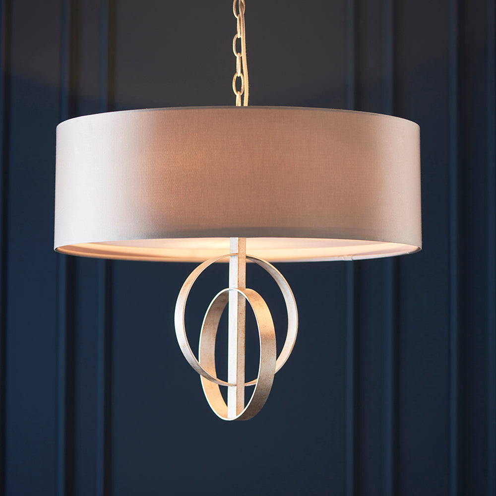 Hoop Detail Large Five Light Pendant In Silver Leaf With Mink Satin Fabric - ID 11170