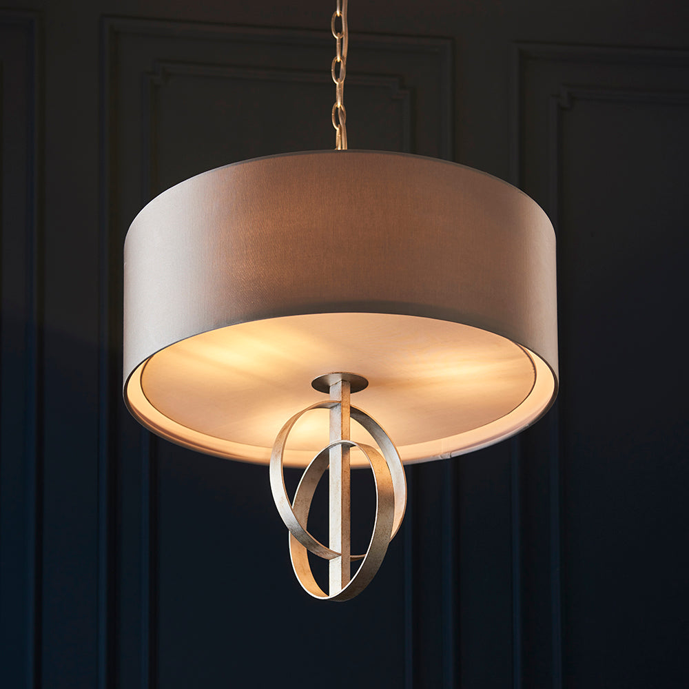 Hoop Detail Large Five Light Pendant In Silver Leaf With Mink Satin Fabric - ID 11170