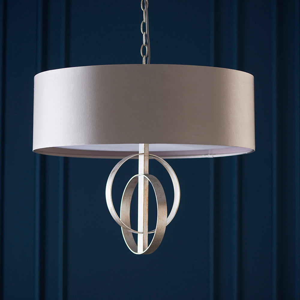 Hoop Detail Large Five Light Pendant In Silver Leaf With Mink Satin Fabric - ID 11170