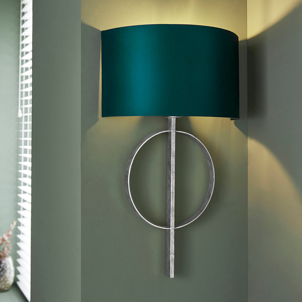 Hoop Detail Wall Light In Silver Leaf With Teal Satin Fabric - ID 11178