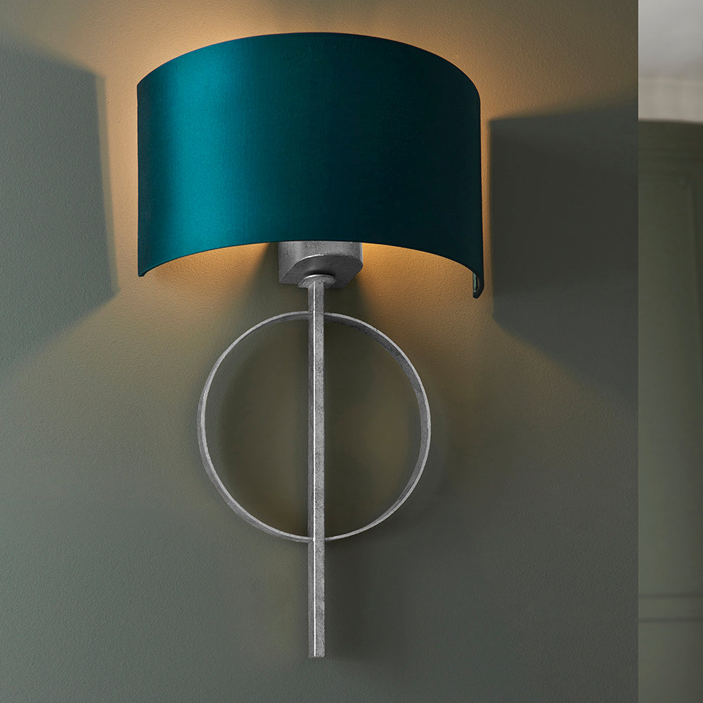 Hoop Detail Wall Light In Silver Leaf With Teal Satin Fabric - ID 11178