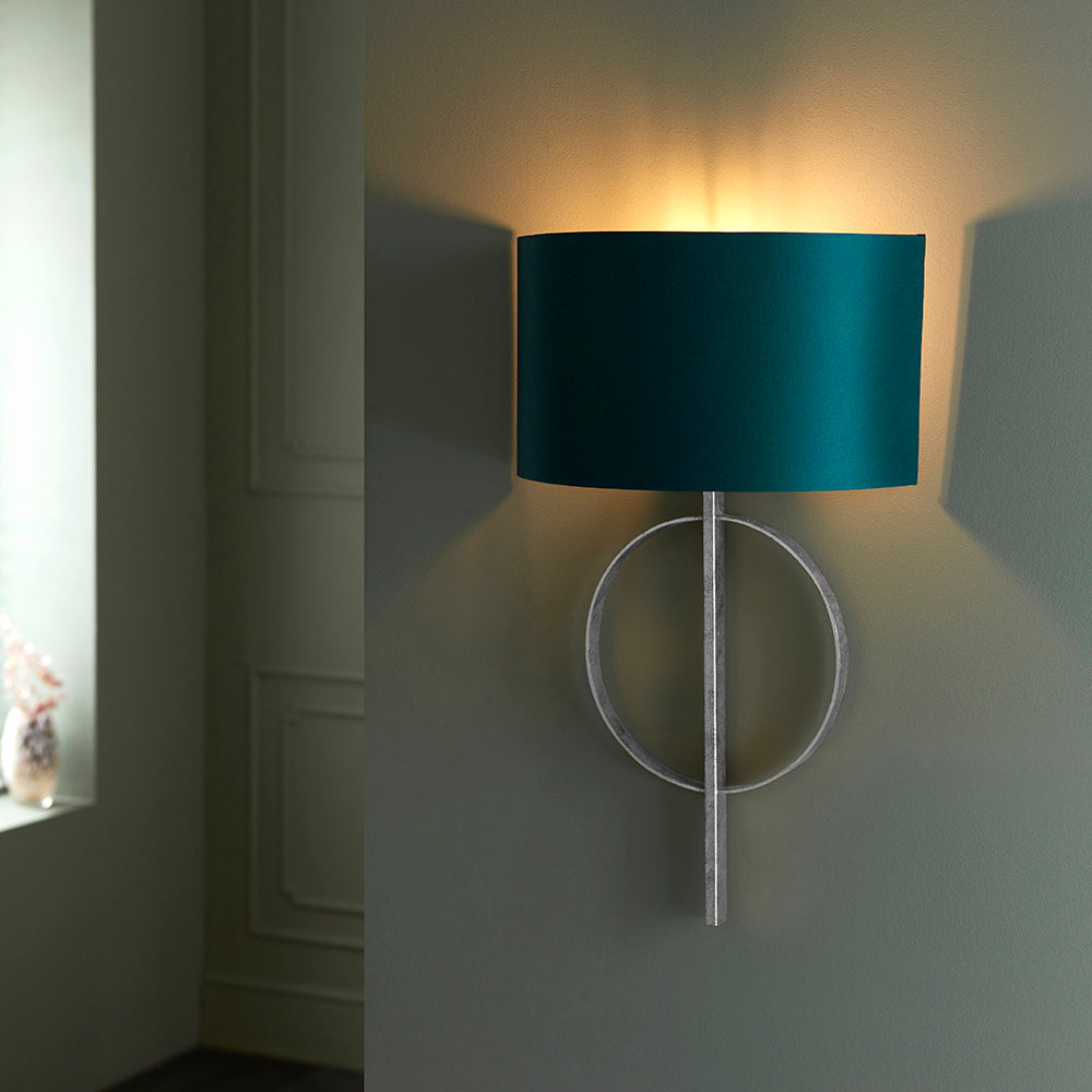 Hoop Detail Wall Light In Silver Leaf With Teal Satin Fabric - ID 11178
