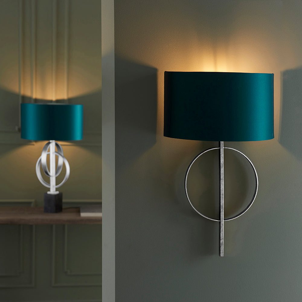 Hoop Detail Wall Light In Silver Leaf With Teal Satin Fabric - ID 11178