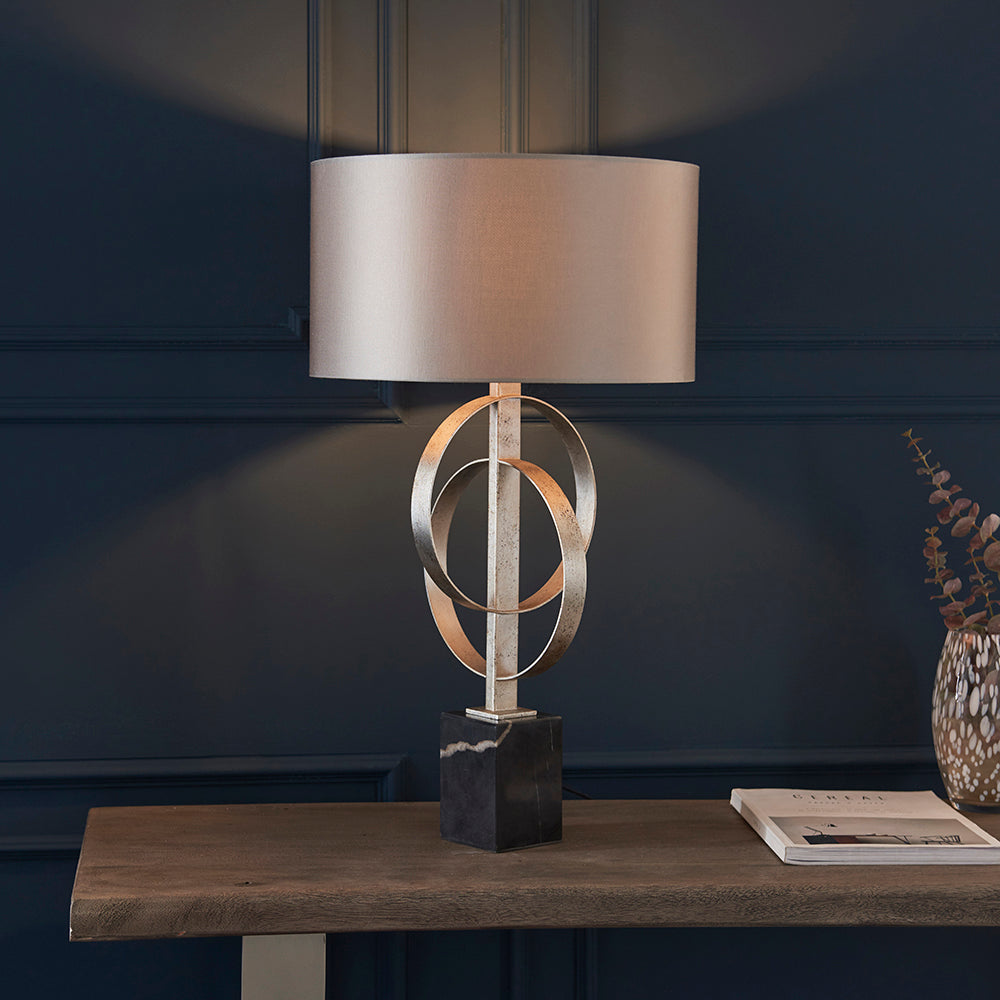 Hoop Detail Table Lamp In Silver Leaf With Mink Satin Fabric & Marble Base - ID 11173