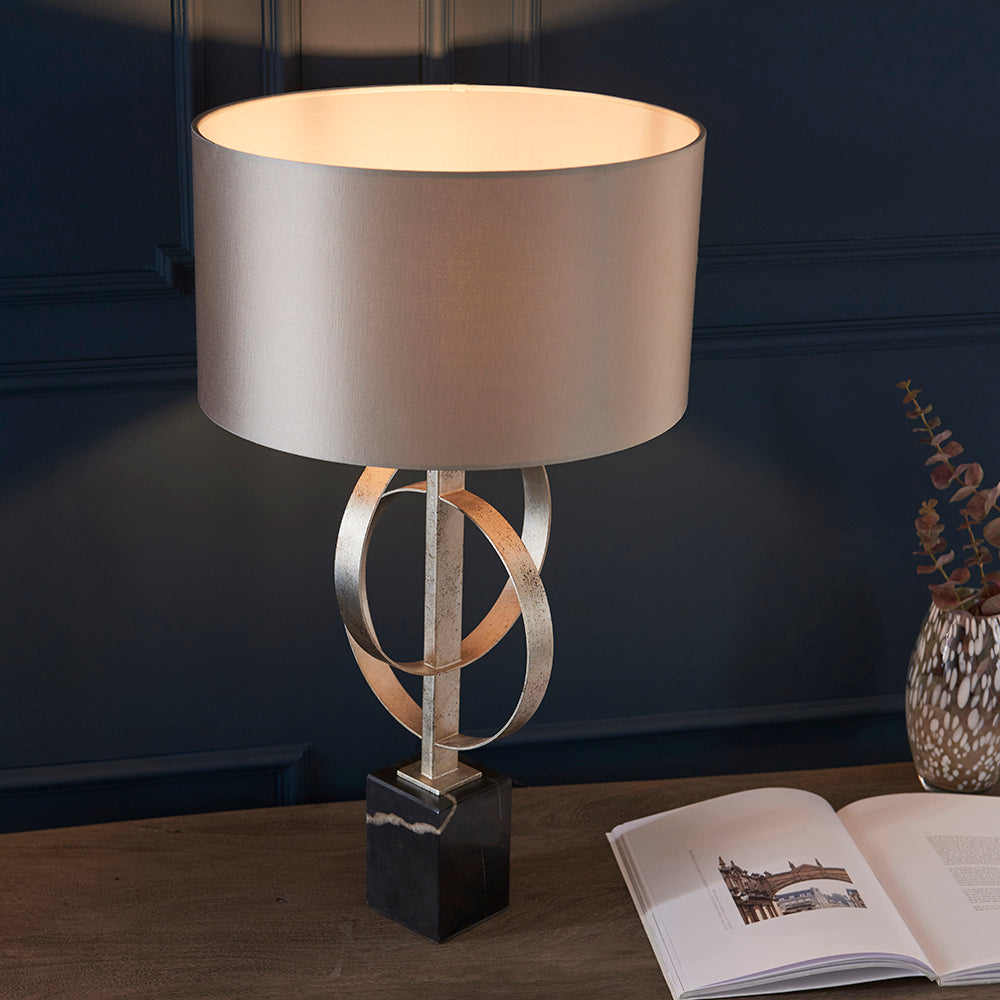 Hoop Detail Table Lamp In Silver Leaf With Mink Satin Fabric & Marble Base - ID 11173
