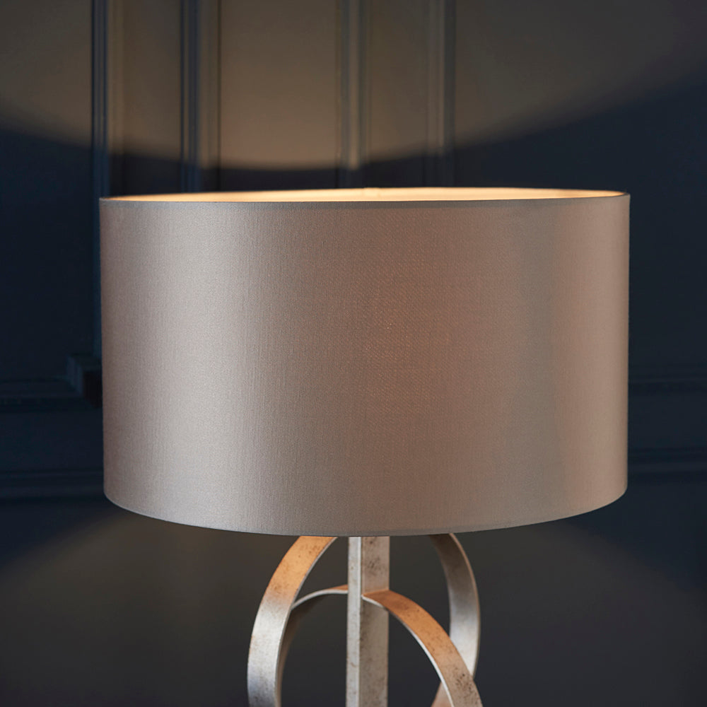 Hoop Detail Table Lamp In Silver Leaf With Mink Satin Fabric & Marble Base - ID 11173