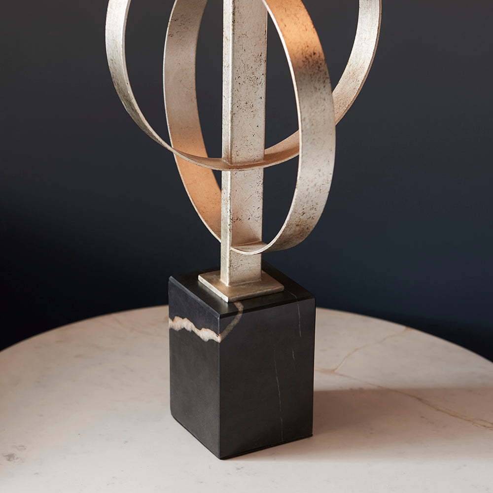 Hoop Detail Table Lamp In Silver Leaf With Mink Satin Fabric & Marble Base - ID 11173