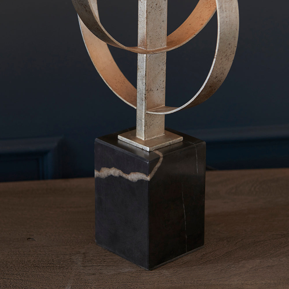 Hoop Detail Table Lamp In Silver Leaf With Mink Satin Fabric & Marble Base - ID 11173