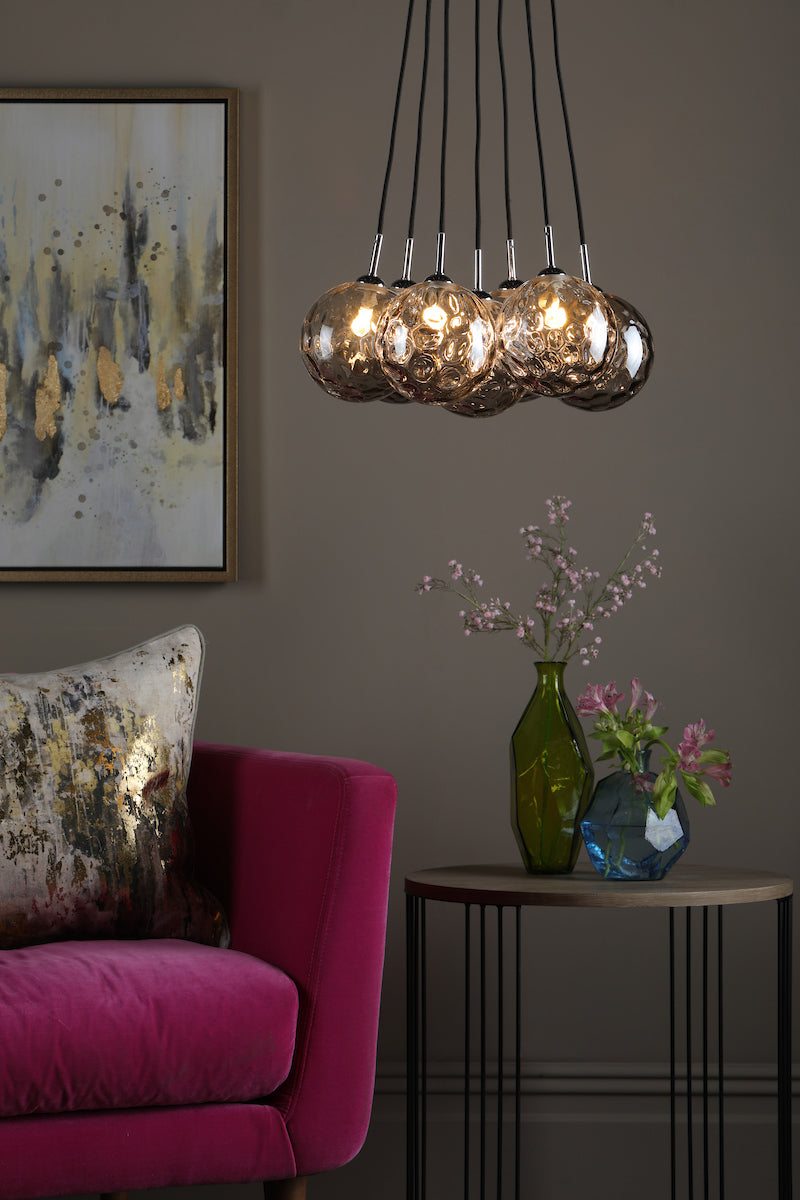 DIMPLE 7 Light Cluster Pendant In Polished Chrome With Smoked Dimpled Glass - ID 12200