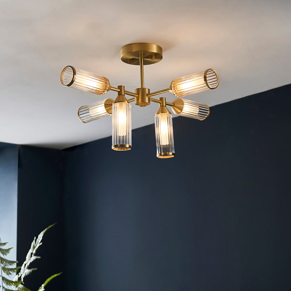 Frosted Glass & Satin Brass Six Lamp Semi-Flush Ceiling Light - ID 11000
