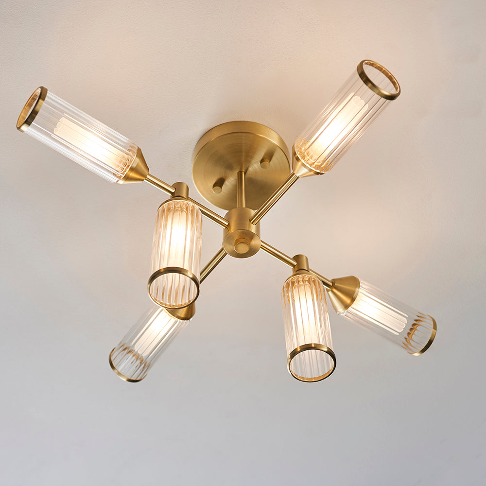 Frosted Glass & Satin Brass Six Lamp Semi-Flush Ceiling Light - ID 11000