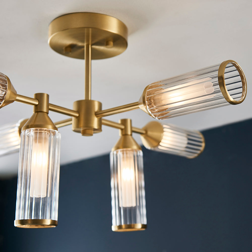 Frosted Glass & Satin Brass Six Lamp Semi-Flush Ceiling Light - ID 11000