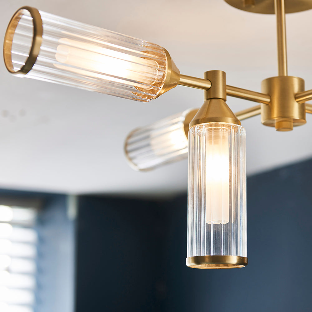 Frosted Glass & Satin Brass Six Lamp Semi-Flush Ceiling Light - ID 11000
