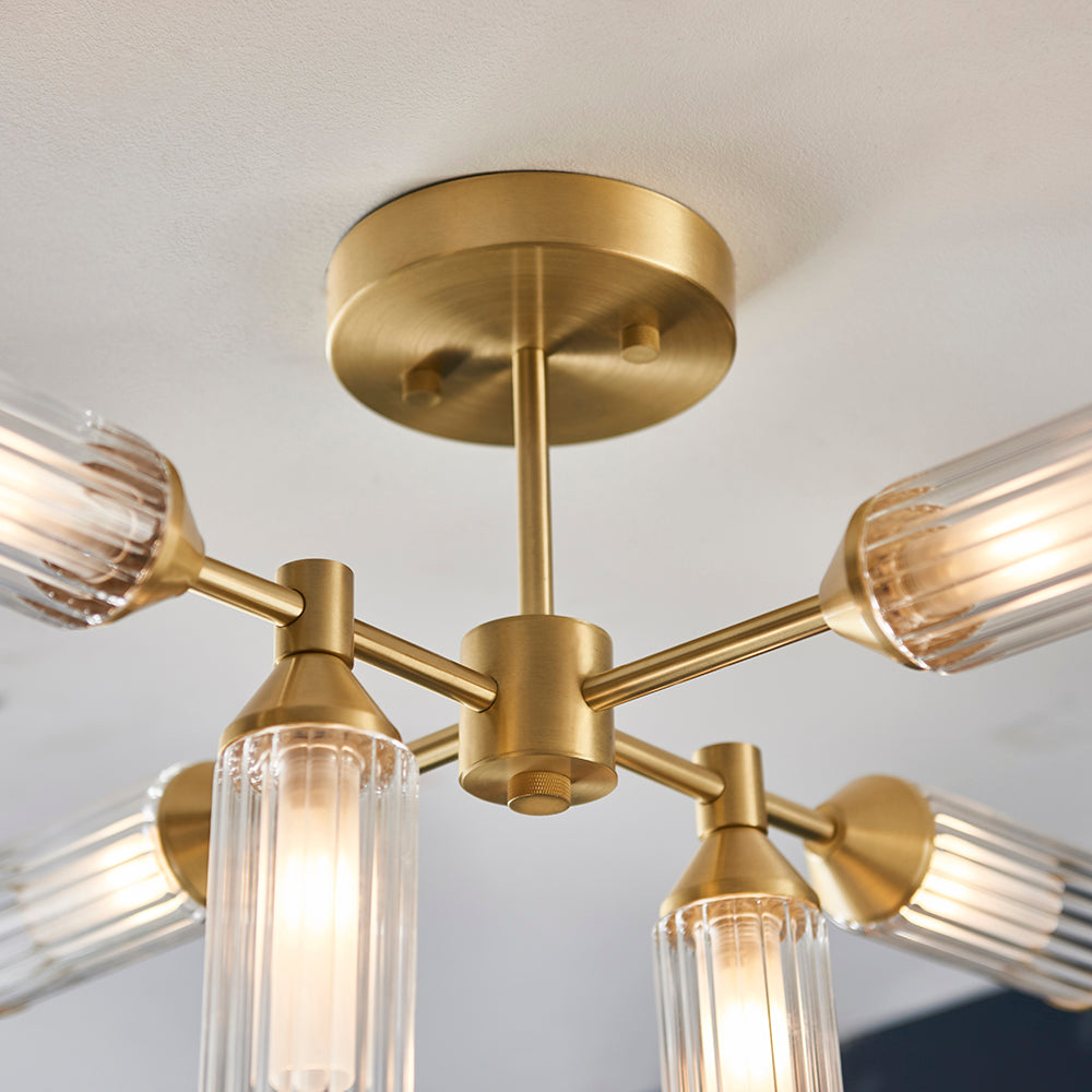 Frosted Glass & Satin Brass Six Lamp Semi-Flush Ceiling Light - ID 11000