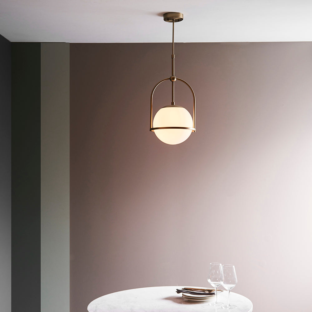 Opal Glass & Matt Antique Brass Height Adjustable Pendant- ID 11049