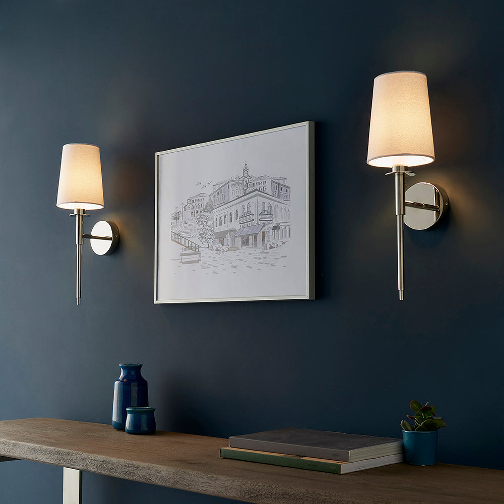 Nickel Plated Slimline Wall Light With White Fabric Shade - ID 11130