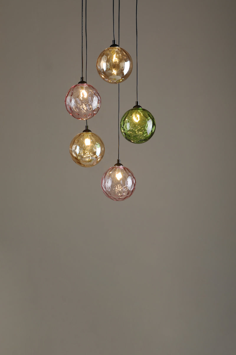 DIMPLE 5 Light Multi Pendant In Matt Black With Mixed Coloured Dimpled Glass - ID 12195