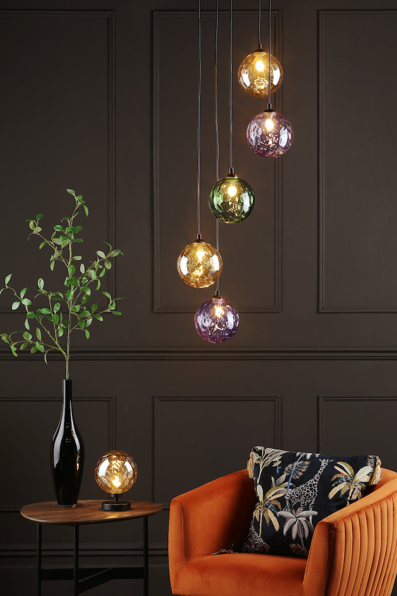 DIMPLE 5 Light Multi Pendant In Matt Black With Mixed Coloured Dimpled Glass - ID 12195