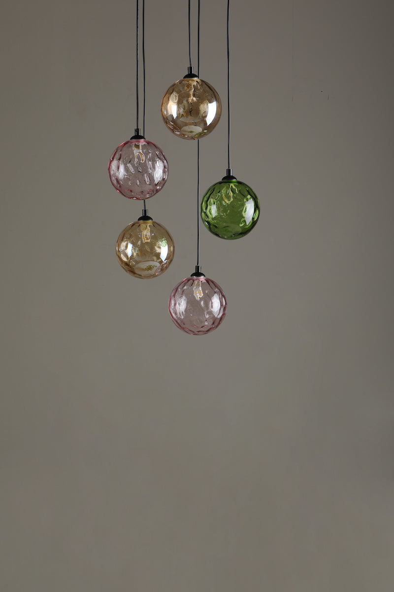 DIMPLE 5 Light Multi Pendant In Matt Black With Mixed Coloured Dimpled Glass - ID 12195