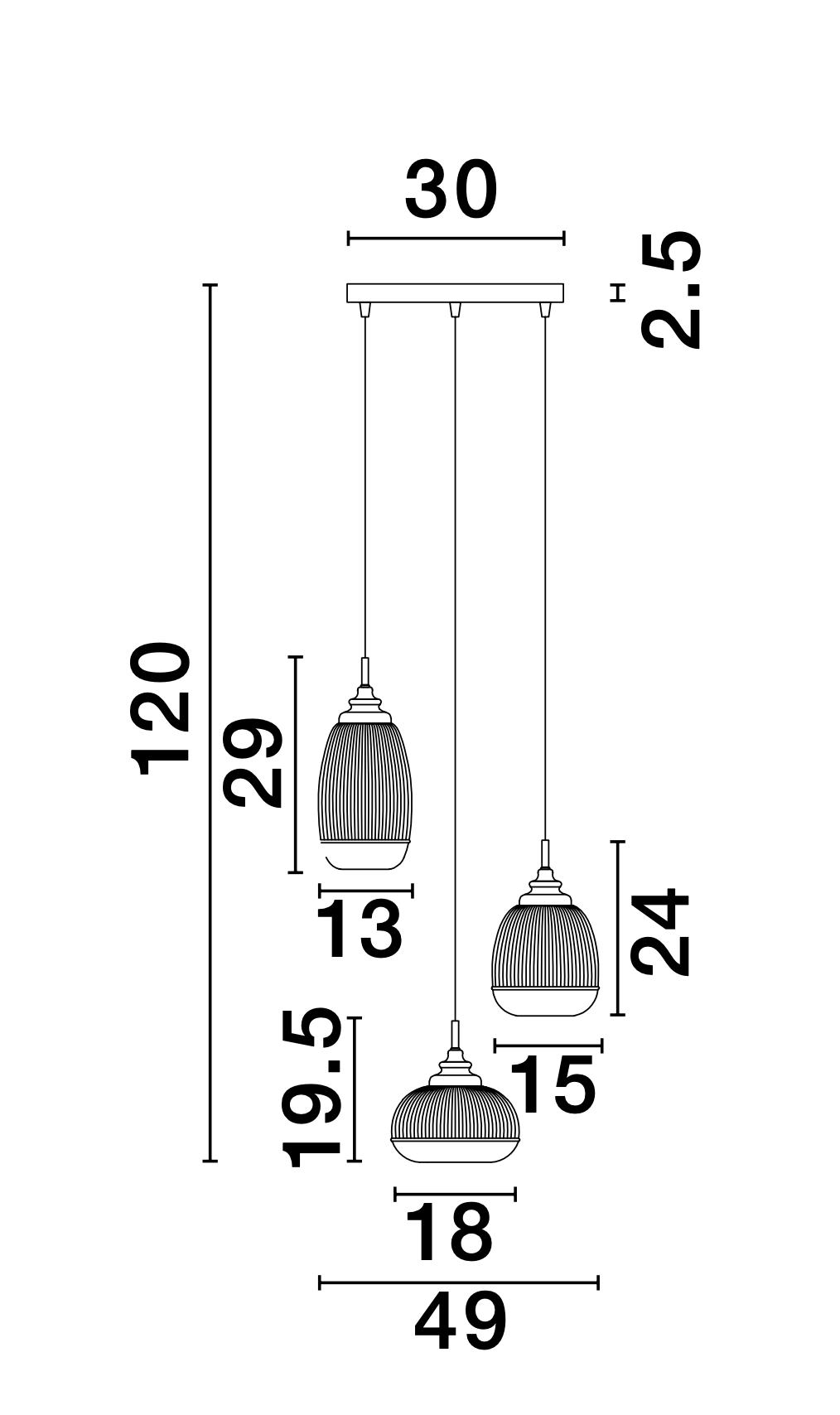 MON Clear Lined Enclosed Glass & Gold Metal 3 Light Multi Pendant - ID 10027