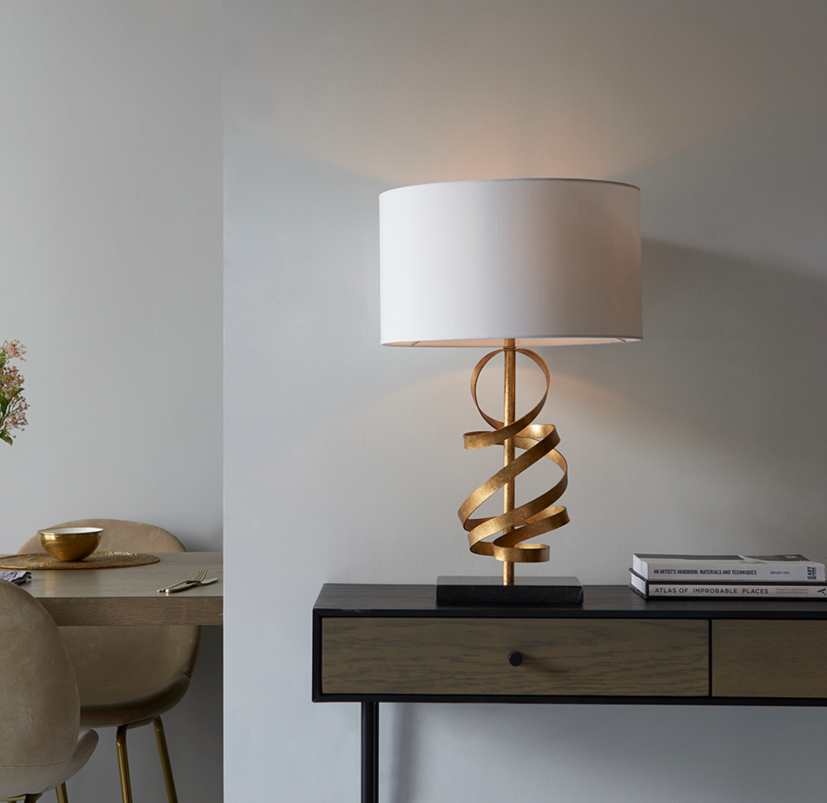 Gold ribbon table light with ivory shade - ID 11381