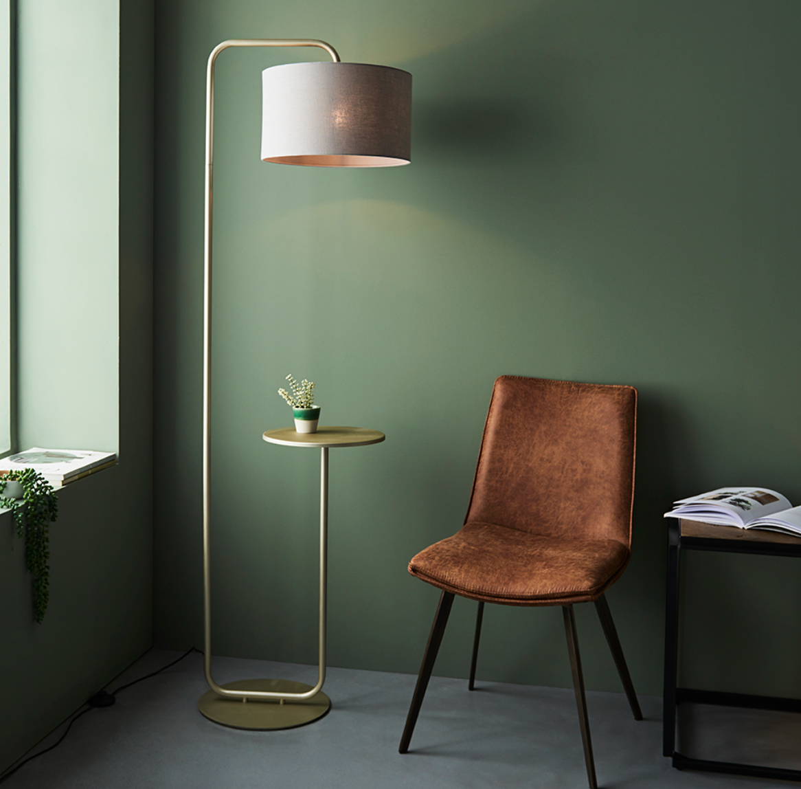 Champagne Painted Floor Light With Table And Grey Shade - ID 11750