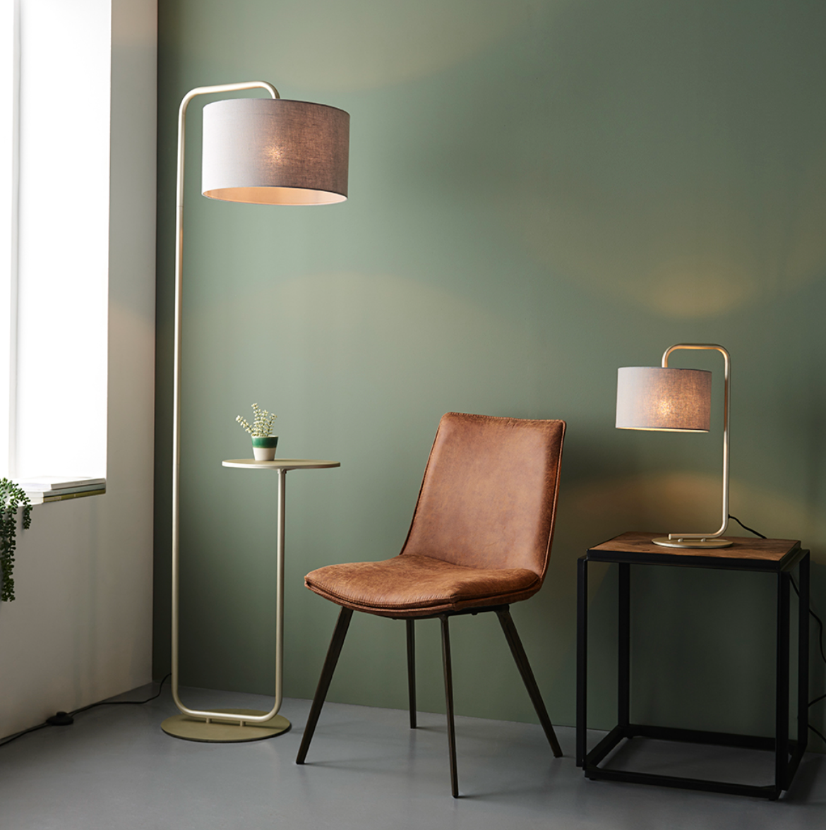 Champagne Painted Floor Light With Table And Grey Shade - ID 11750