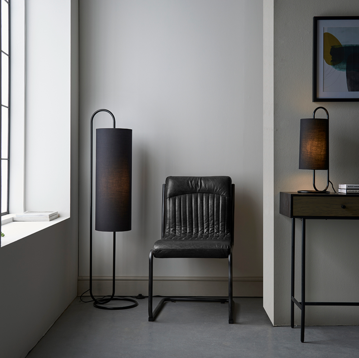 Oval structural matt black floor light with black fabric shade - ID 11398