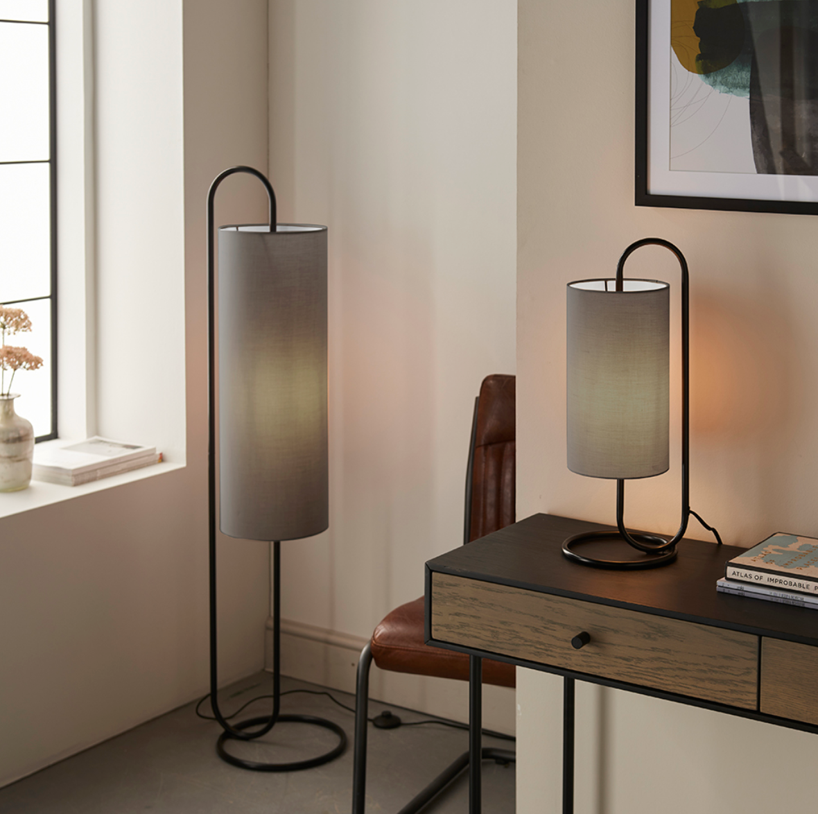 Oval structural matt black floor light with grey fabric shade - ID 11397