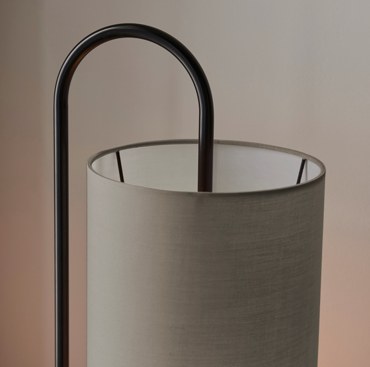 Oval structural matt black floor light with grey fabric shade - ID 11397