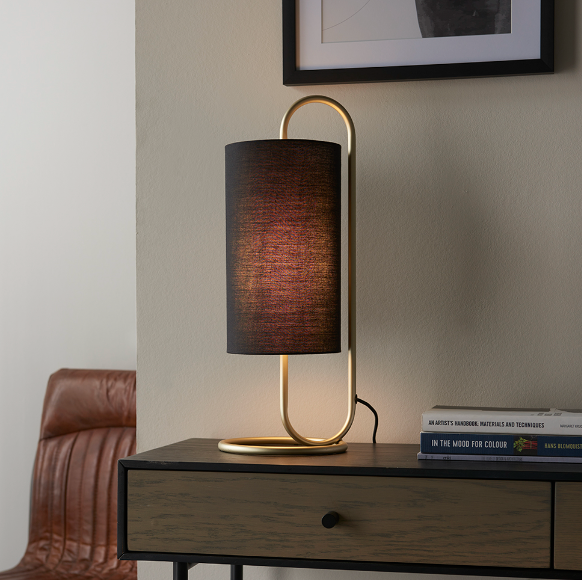 Oval structural antique brass table light with black fabric shade - ID 11391