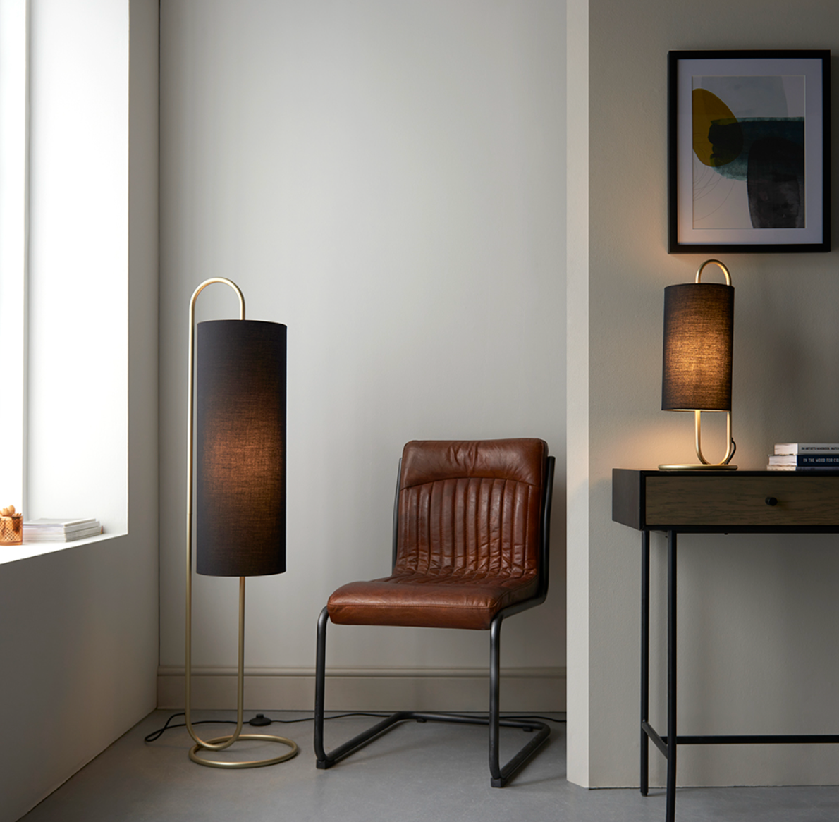 Oval structural antique brass table light with black fabric shade - ID 11391
