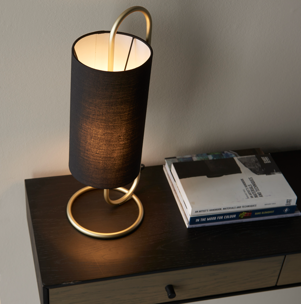 Oval structural antique brass table light with black fabric shade - ID 11391