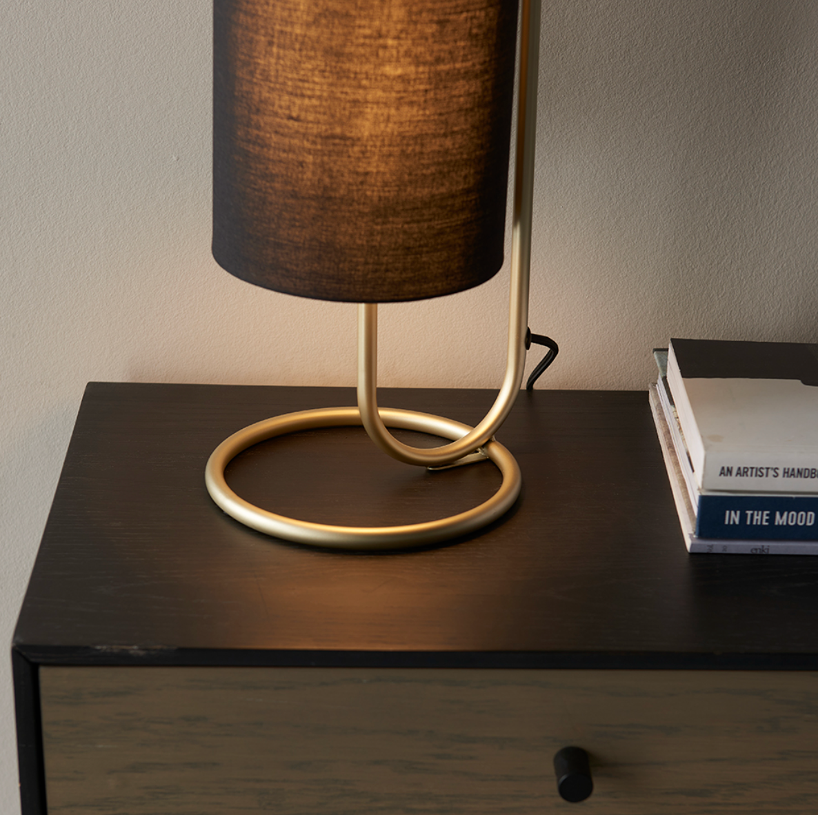 Oval structural antique brass table light with black fabric shade - ID 11391
