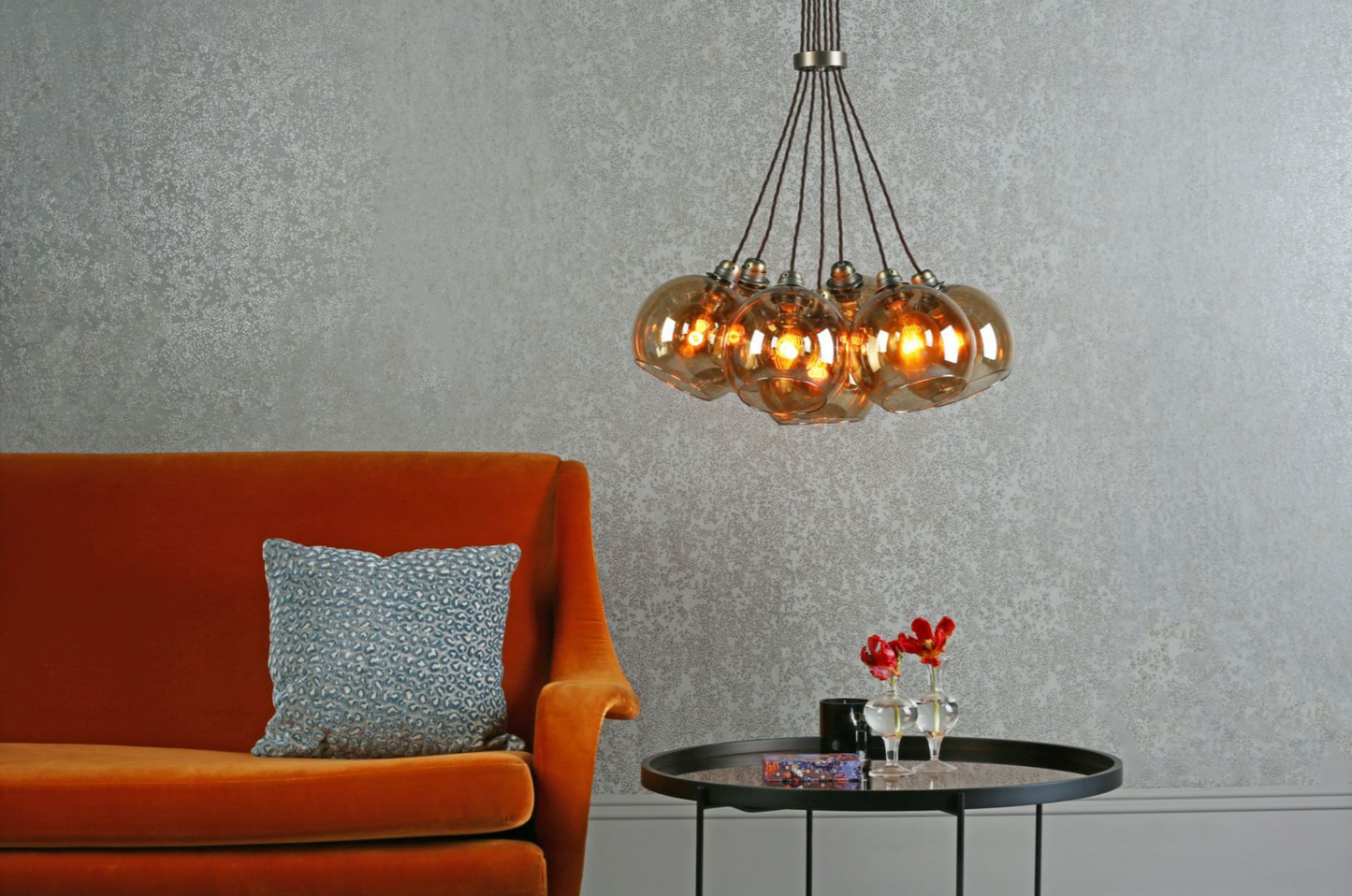 Seven Light Cluster Pendant, Brass and Amber - ID 12065