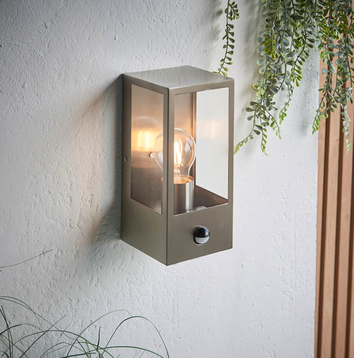 Hadlow PIR Outdoor Box Lantern Brushed Stainless Steel - ID 12069 - DISCONTINUED