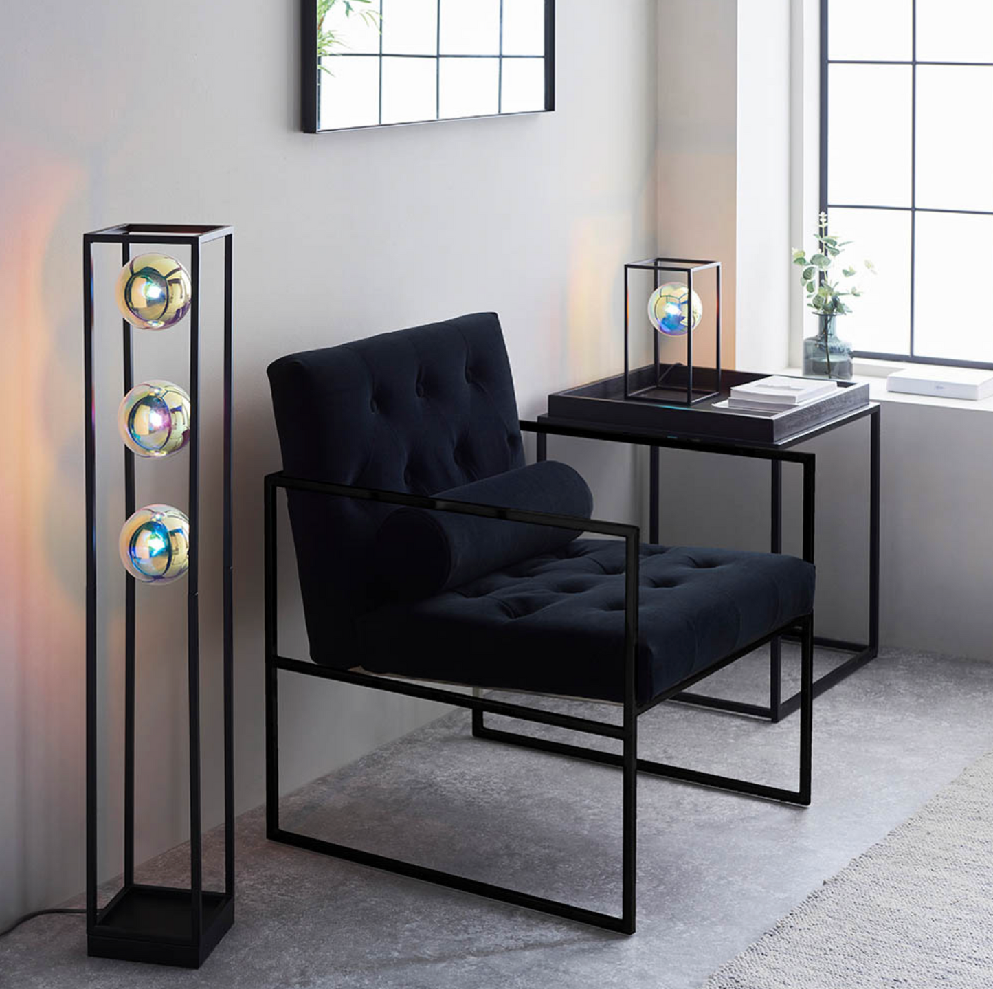 Matt Black Open Frame Floor Light With Iridescent Glass - ID 12102