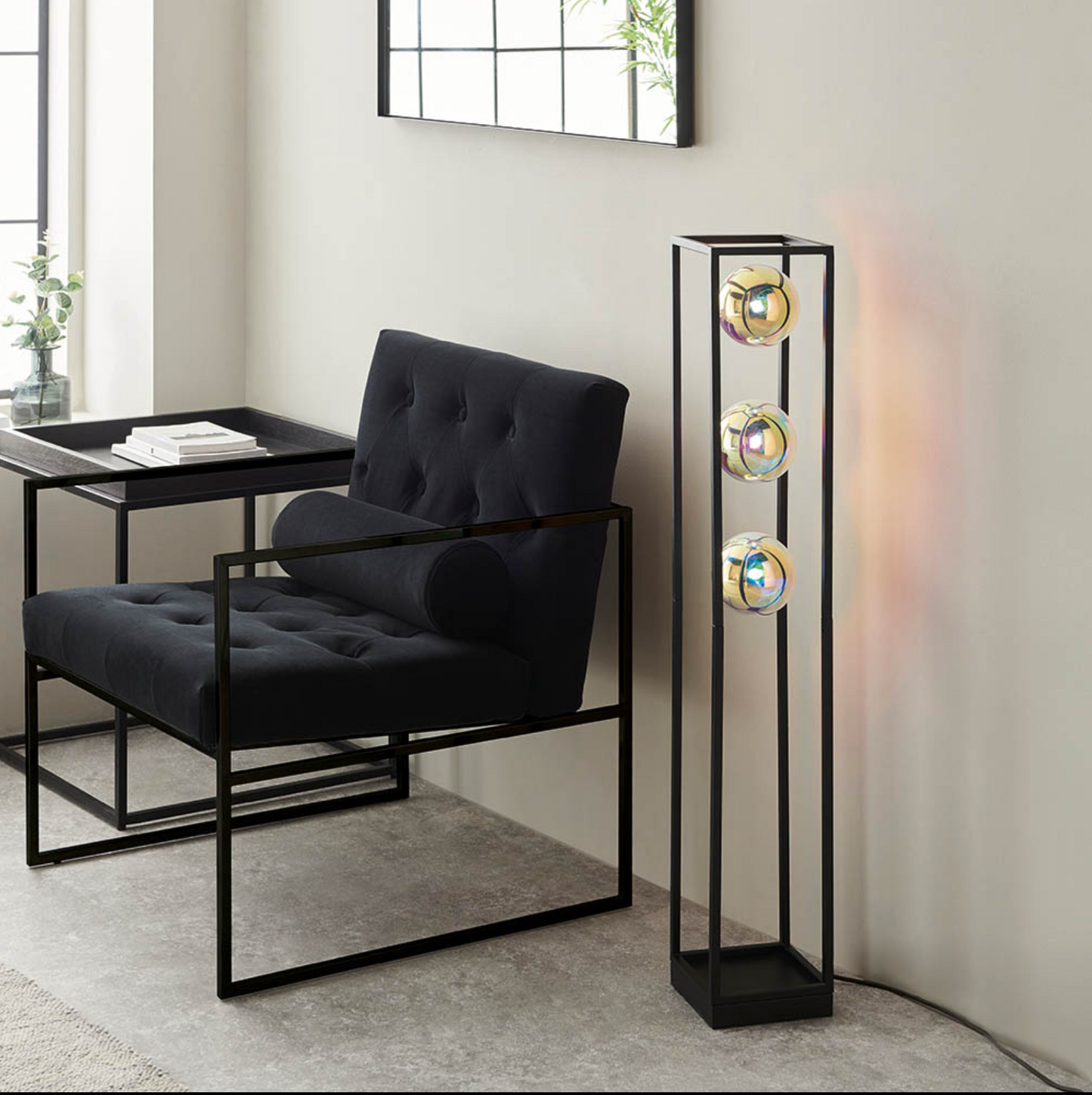 Matt Black Open Frame Floor Light With Iridescent Glass - ID 12102
